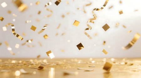 Shimmering gold confetti and ribbons descend onto a reflective golden surface, creating a vibrant, festive atmosphere perfect for celebrationの素材
