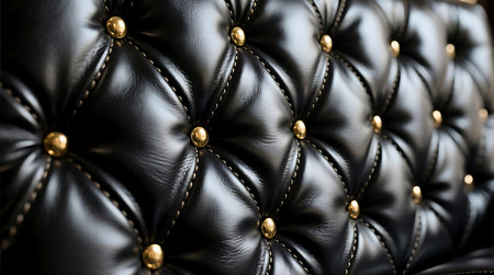 Detailed close up of elegant black tufted leather upholstery, featuring shiny golden buttons and intricate stitching, creating a sophisticated background textureの素材