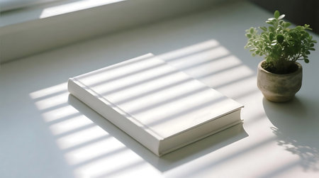 Arrangement features a pristine white book and small green potted plant on a clean white surface Sunlight streams through a window, casting prominent linear shadows across the peaceful sceneの素材