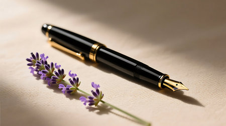 Elegant still life featuring a black and gold fountain pen next to a fresh lavender sprig, resting on a textured cream surface with soft shadowsの素材