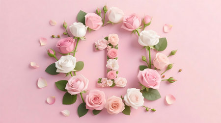 Delicate number one crafted from small blooms, encircled by a graceful wreath of large pink and white roses with scattered petals on a soft pink surface Ideal for celebrations and anniversariesの素材
