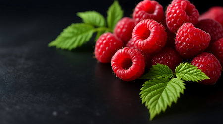 Close up of fresh, ripe red raspberries with bright green leaves arranged on a sleek, dark surface Captures the berrys natural texture and vivid color, perfect for healthy food conceptsの素材