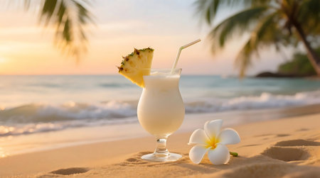 Refreshingly cool tropical cocktail, garnished with pineapple slice, sits on a sandy beach alongside a white plumeria flower during a beautiful sunsetの素材