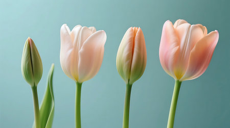 Soft pastel tulips in various blooming stages, from closed bud to full bloom, captured against a serene light blue green background Illustrates the natural beauty and progression of floral growthの素材