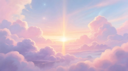Majestic view of a dreamlike sky with soft pastel clouds, featuring a bright, ethereal light sourceの素材