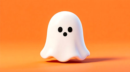 Whimsical white ghost character, with round black eyes and mouth, floats above a vibrant orange surface, casting a soft shadowの素材