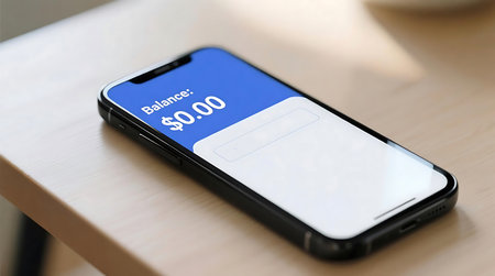 Modern smartphone displays a blue digital banking application interface showing a zero dollar balance, indicating no funds are available The clean design highlights personal financial managementの素材