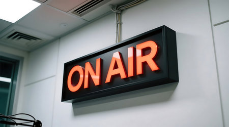 Illuminated ON AIR sign glows brightly in a professional broadcasting studio, signaling a live transmissionの素材