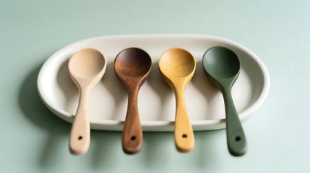 Set of four uniquely colored wooden spoons resting neatly on a pristine white oval tray against a light green backgroundの素材