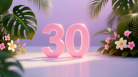 Radiant pink number thirty displayed amidst a lush tropical setting featuring green Monstera leaves, palm fronds, and delicate pink and white plumeria flowersの素材