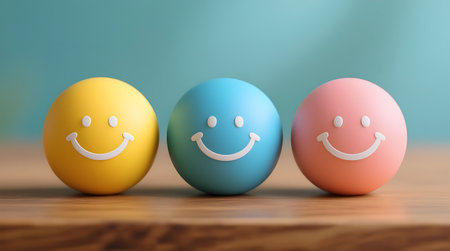 Three vibrant, minimalist smiley face balls sit on a smooth wooden surface against a bright teal background, symbolizing happiness and positivityの素材