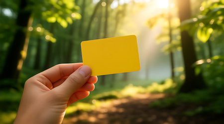 Person holds a blank yellow card in a bright, sunlit forest, featuring soft bokeh effects that create a serene natural atmosphereの素材