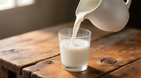 White milk is poured from a ceramic pitcher into a clear glass, creating splashes and bubbles on a rustic wooden tableの素材