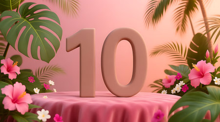Striking 3D render displays the number ten atop a pink draped table, adorned with lush tropical leaves and vibrant pink hibiscus flowers, creating a festive sceneの素材