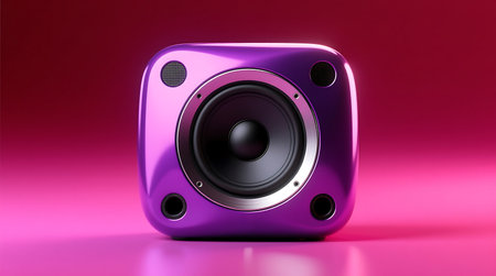 Sleek square shaped audio speaker in glossy purple, featuring a large central driver and smaller elements, set against a colorful gradient backdropの素材