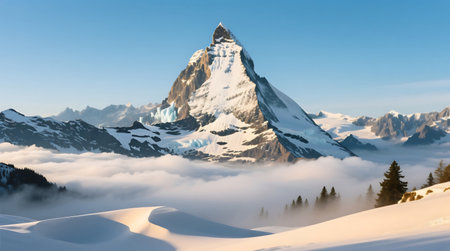 Towering snow covered mountains pierce the clear blue sky, overlooking a serene winter valley enveloped in soft, swirling mistの素材