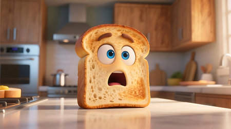 Animated slice of toast with wide blue eyes and an open mouth expresses shock on a bright kitchen counter The whimsical character adds a touch of humor to the domestic sceneの素材