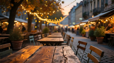 Evening street scene featuring empty wooden outdoor cafe tables under glowing string lights Inviting atmosphere in a picturesque European townの素材