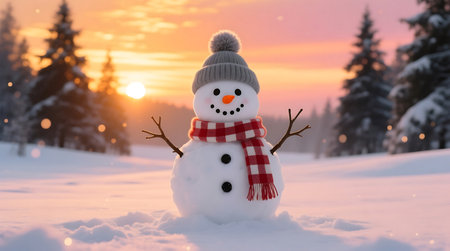 Charming snowman stands in a snowy forest, adorned with a cozy hat and scarf during a warm golden hour sunsetの素材