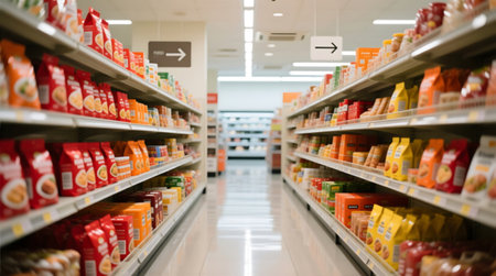 Long supermarket aisle filled with blurred packaged goods, creating a sense of depth and consumer choice Bright lighting highlights the organized shelvesの素材