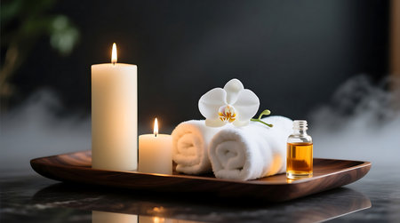 Elegant spa essentials arranged on a wooden tray, featuring glowing candles, soft towels, a white orchid, and a bottle of aromatic oil for relaxationの素材