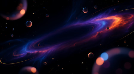 Dynamic cosmic landscape features a swirling nebula of blue, purple, and orange gas, encircled by ethereal rings, with scattered planets and stars in the dark expanseの素材