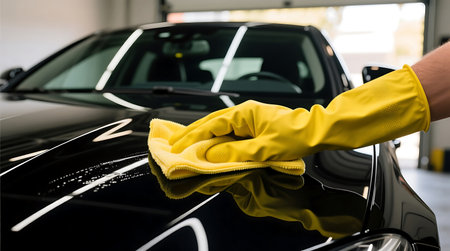 Gloved hand carefully wipes the sleek black car hood with a soft yellow microfiber cloth, leaving clean streaksの素材