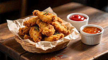 Golden brown crispy fried chicken tenders presented in a wicker basket with two bowls of dipping sauce on a rustic wooden tableの素材