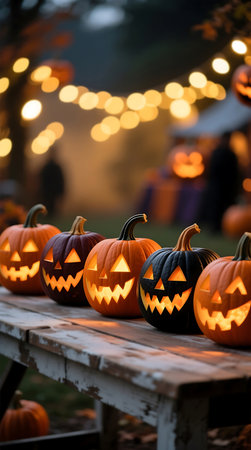 Carved Halloween pumpkins glow warmly on a rustic wooden bench, surrounded by blurred festive lights and silhouettes of people in the background Creates a charming and spooky autumn atmosphereの素材