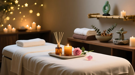 Warmly lit spa room features a massage table, essential oil diffuser, lit candles, and various wellness elements for ultimate relaxationの素材