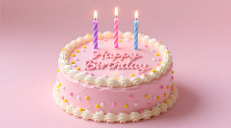 Vibrant pink birthday cake adorned with colorful sprinkles, Happy Birthday text, and three lit candles on a soft pink backgroundの素材