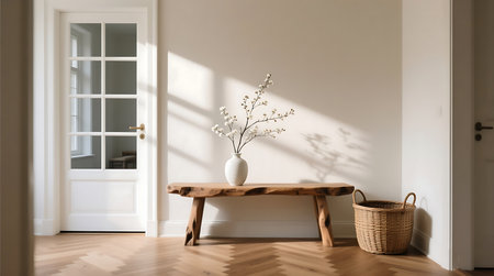 Bright and serene interior hallway with a rustic wooden bench, floral vase, and woven basket Sunlight casts striking shadowsの素材