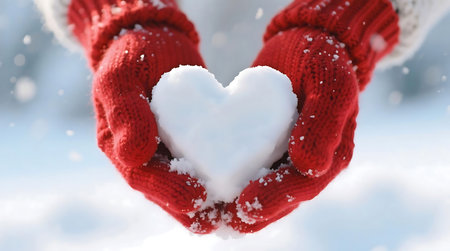 Hands in vibrant red knitted mittens gently cup a perfectly formed heart shaped snowball, symbolizing winter loveの素材