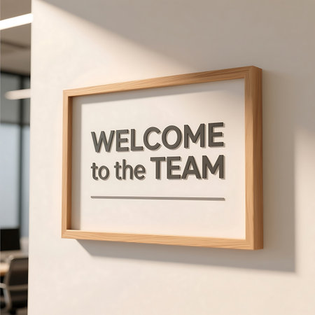 Uplifting Welcome to the Team sign with 3D letters in a wooden frame on a light wall, bathed in soft office lightの素材