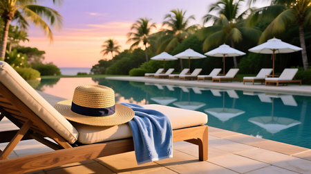 Beautiful tropical resort pool deck with a comfortable lounge chair, straw hat, and towel, overlooking palm trees and a vibrant sunsetの素材