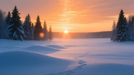 Beautiful winter landscape features snowdrifts and a path of footprints under a vibrant orange sunrise Evergreen trees line the horizon, creating a serene, tranquil sceneの素材