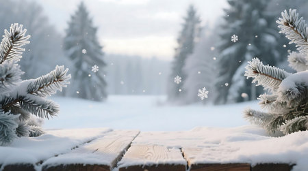 Winter wonderland scene featuring a wooden table covered in fresh snow, framed by frosted pine branches with falling snowflakes in the backgroundの素材