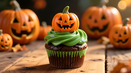 Chocolate cupcake with vibrant green icing and a cheerful jack o lantern sits on a rustic wooden table, surrounded by blurred Halloween pumpkinsの素材