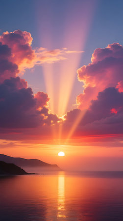 Breathtaking sunset over tranquil water, with vibrant clouds and radiant sunbeams creating a serene and colorful landscapeの素材