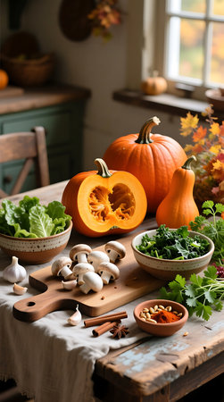 Fresh pumpkins, leafy greens, mushrooms, and spices arranged on a rustic wooden table, ready for autumn cooking and meal preparationの素材