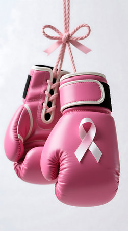 Pair of pink boxing gloves hanging, one adorned with a white ribbon, symbolizing breast cancer awareness and supportの素材