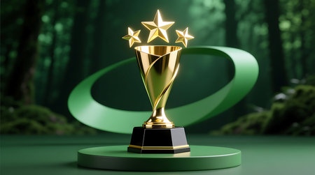Shimmering golden trophy adorned with three brilliant stars, displayed on a circular green podium against a blurred forest backdropの素材