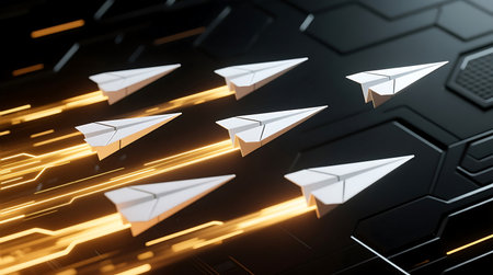 Six white paper airplanes fly across a dark, abstract digital background with glowing orange lines, symbolizing communication and innovationの素材