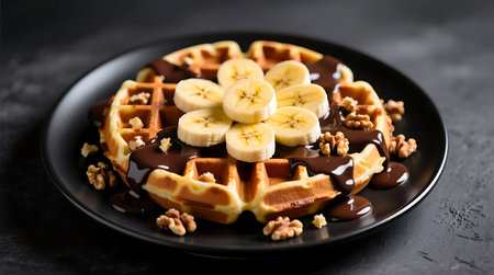 Golden waffle generously topped with rich chocolate syrup, fresh banana slices, and crunchy walnuts, presented on a sleek black plateの素材