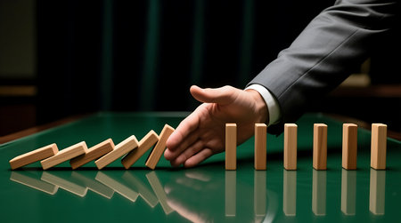 Businessmans hand intervenes to halt the collapse of dominoes, symbolizing crisis prevention and risk management on a green tableの素材