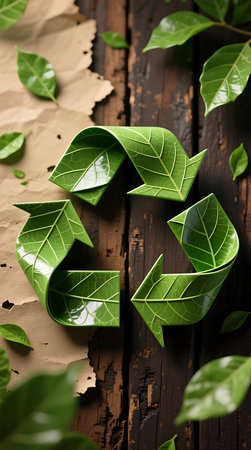 Recycle symbol formed by lush green leaves, set against a split backdrop of rustic wood and crumpled paper Represents environmental protection and sustainable practicesの素材