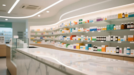 Modern pharmacy interior showcasing a sleek, marble patterned counter Blurred shelves of diverse, colorfully packaged medications line the bright, well lit backgroundの素材