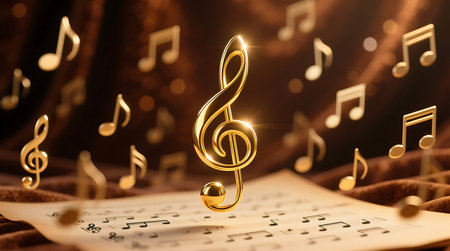 Glowing golden treble clef stands prominently against a backdrop of blurred musical notes, with sheet music in the foreground, evoking elegance and harmonyの素材