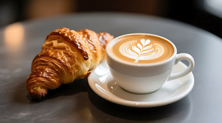 Flaky golden croissant paired with a delicious latte featuring beautiful leaf shaped latte art, served on a dark cafe tableの素材