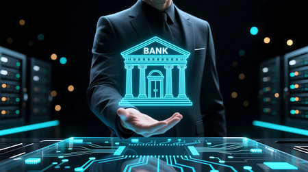 Professional displays a glowing blue holographic bank icon above an illuminated circuit board, symbolizing modern finance and technologyの素材